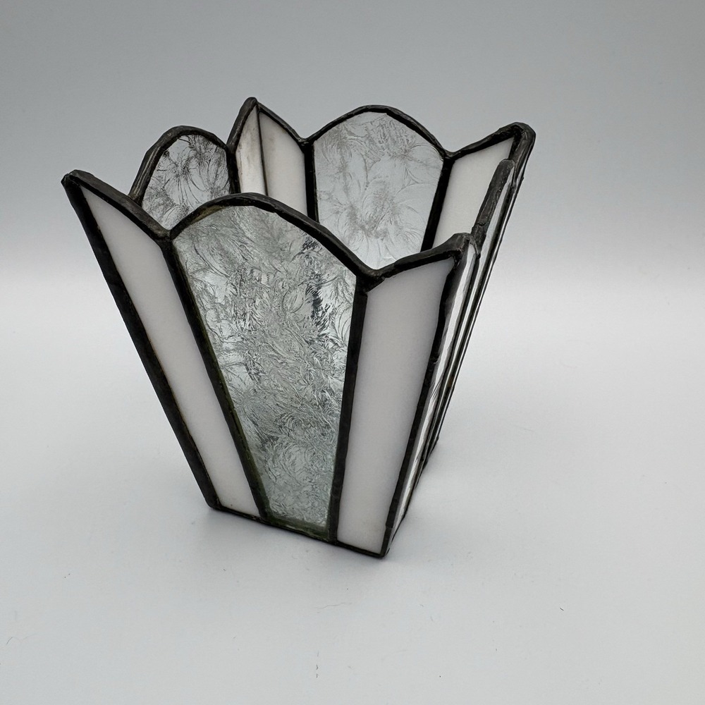 Stained Glass Votive Candle Pencil Holder Clear White Glass Floral Etching